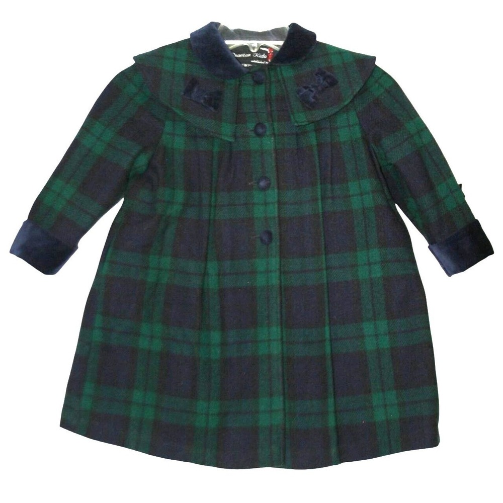 VTG Braeton Kids Girls 4T Plaid Wool Coat Velvet Collar Bows Heirloom Royalcore